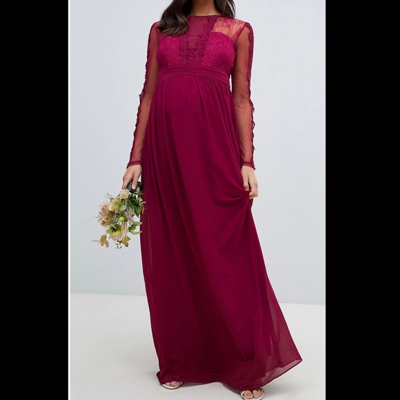 Maroon Lace Maternity Maxi Dress - Picture 1 of 11